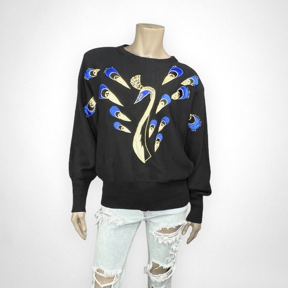 Victoria Harbour Sweaters - VTG 80s 90s Peacock Embellished Knit Sweater Black L
